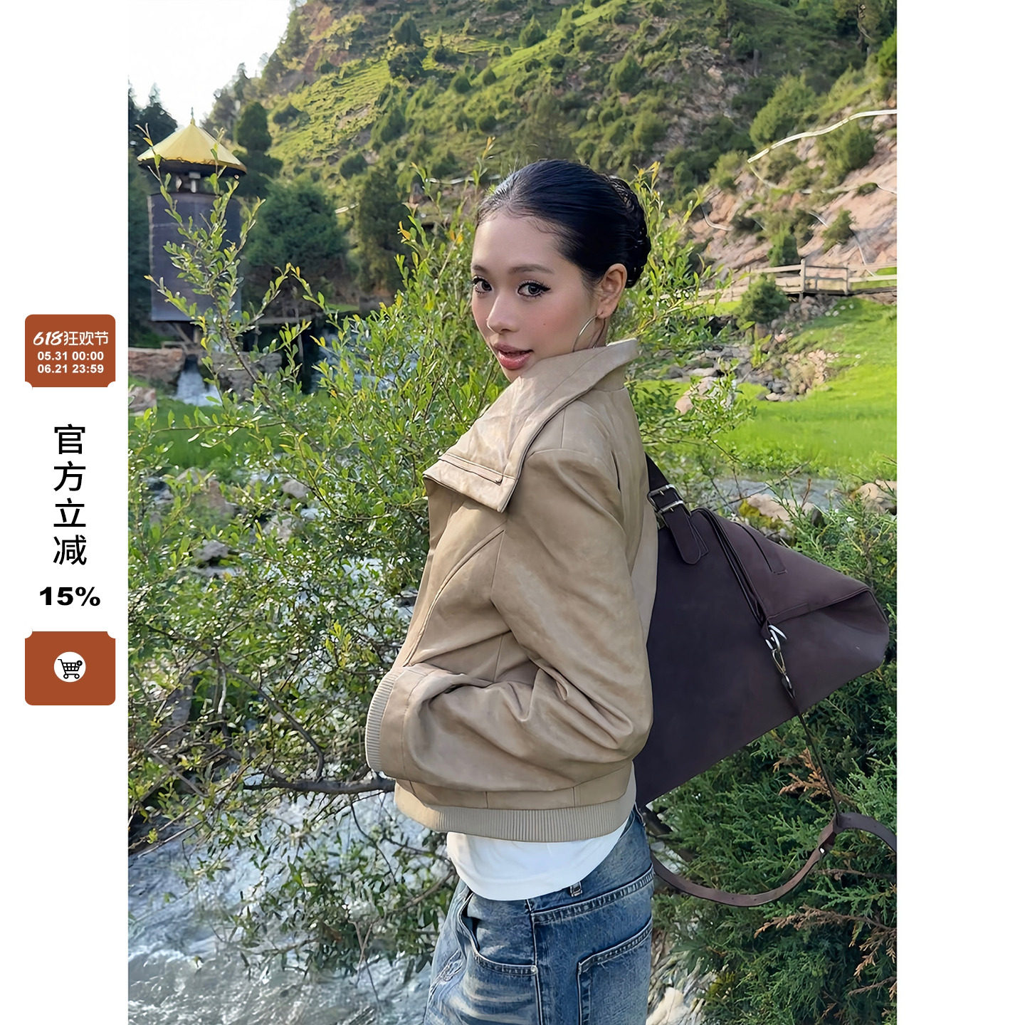 F383翻领斜边拉链夹克外套
