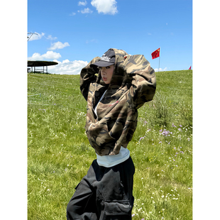 F383 美式复古刺绣迷彩连帽卫衣开衫男女潮流街头百搭宽松外套ins