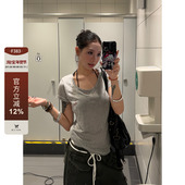 美式 复古U型领印花设计基础款 短袖 F383 夏显瘦百搭修身 上衣女ins