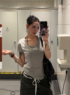 F383 美式复古U型领印花设计基础款短袖夏显瘦百搭修身上衣女ins