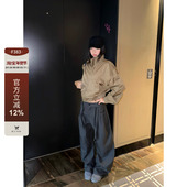 复古设计感腰部系绳口袋打褶宽松休闲阔腿弯刀长裤 F383 美式 男女