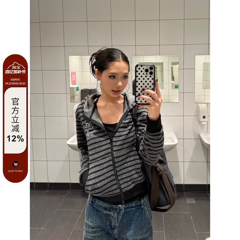 F383 美式复古十字架斜边拉链连帽卫衣女条纹休闲宽松百搭外套ins