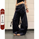 A字直筒阔腿裤 F383 男女款 复古丹宁原色绿松石弯刀牛仔裤 子潮 美式