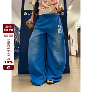 男女寬松垂感休閑長(zhǎng)褲 F383 復(fù)古藍(lán)色闊腿褲 抽繩漸變彎刀衛(wèi)褲 美式