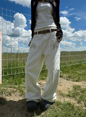 F383 美式复古刺绣水洗弯刀牛仔裤设计感直筒休闲阔腿百搭长裤潮