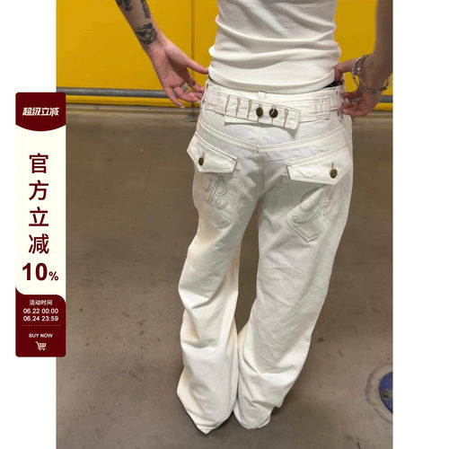 F383 美式复古巴黎扣设计竹节牛仔裤男女水洗直筒宽松百搭长裤ins