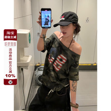 F383 美式复古迷彩斜肩设计感短袖辣妹字母T恤宽松百搭显瘦女上衣