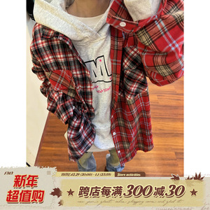 F383 2023AW国潮原创美式宽松复古拼接格子衬衫长袖休闲外套男女