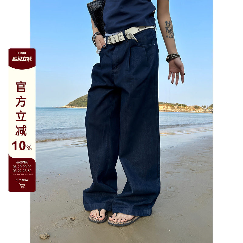F383 2025美式复古原牛蓝色压褶阔腿牛仔裤宽松直筒工装长裤男女