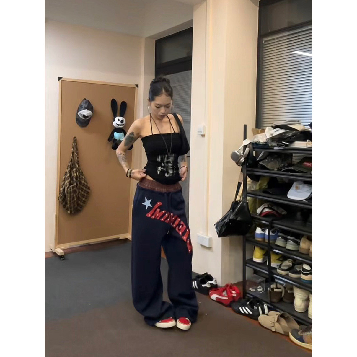 F383 美式复古双腰头字母印花运动卫裤男女慵懒风宽松阔腿休闲裤