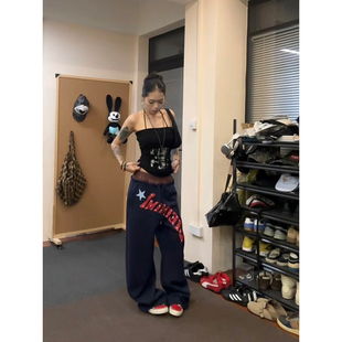 F383 美式复古双腰头字母印花运动卫裤男女慵懒风宽松阔腿休闲裤