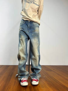 男女ins 复古毛边破洞浅色直筒显瘦牛仔裤 F383 2023AW国潮原创美式