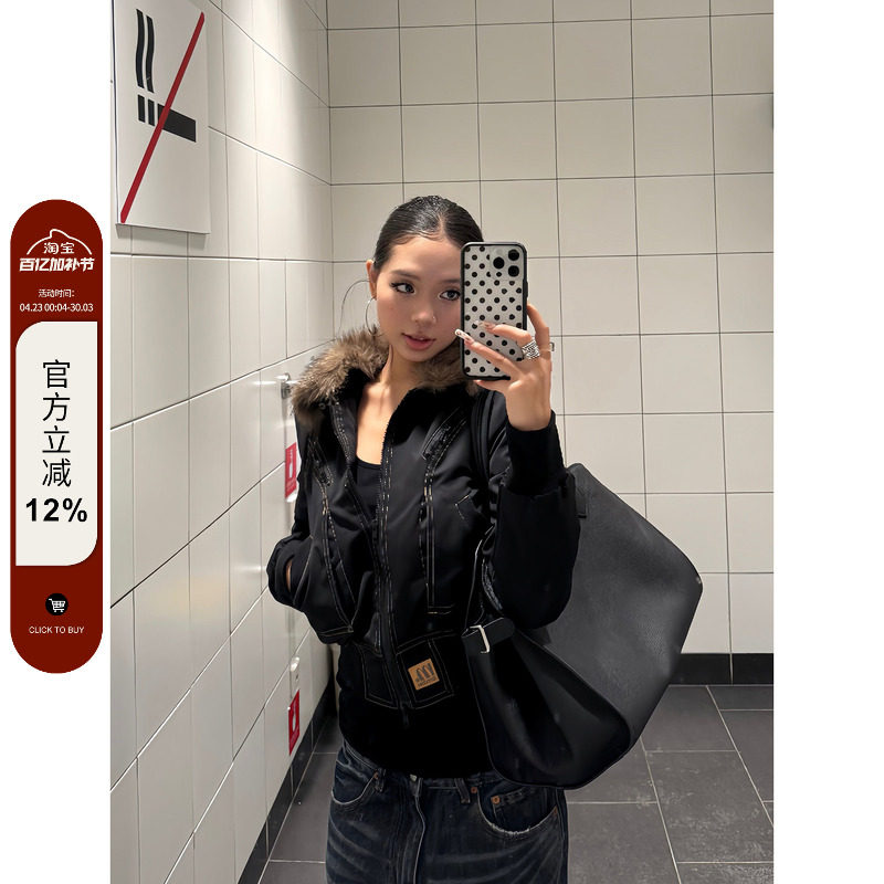 F383 美式复古明线大口袋夹棉毛毛翻领短款工装夹克宽松外套女ins