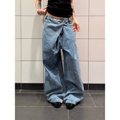 美式 复古水洗阔腿斜扣结牛仔裤 男女个性 F383 腰头设计感宽松长裤