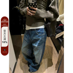 做旧纹理感直筒宽松休闲长裤 复古猫须水洗蓝磨白牛仔裤 美式 F383