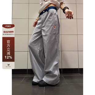 F383 美式复古爱心刺绣竖条纹裤子男女设计感小众休闲裤直筒垂感