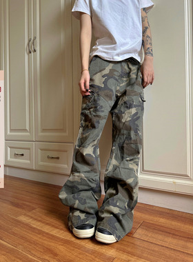 F383 2026美式迷彩工装裤男女款直筒hiphop裤子高街vibe微喇叭裤