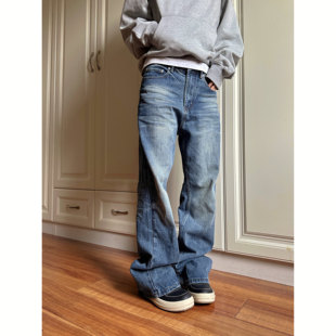 F383 2026美式渐变水洗蓝磨白牛仔长裤复古修身直筒显瘦百搭男女