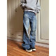 复古修身 渐变水洗蓝磨白牛仔长裤 直筒显瘦百搭男女 2026美式 F383