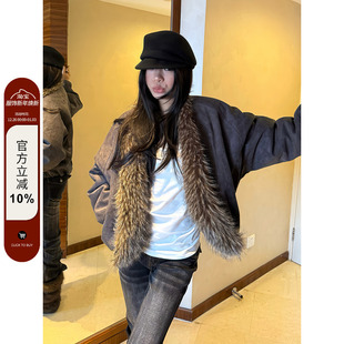 F383 复古重磅麂皮绒座山雕毛领棉衣女秋冬休闲加厚保暖外套 美式