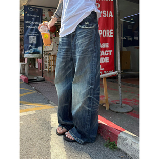 F383 美式复古磨破深竹节蓝水洗牛仔裤男女宽松百搭设计感长裤ins
