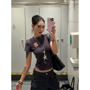 美式 短款 复古爱心字母印花短袖 辣妹风小众修身 上衣 T恤女夏季 F383