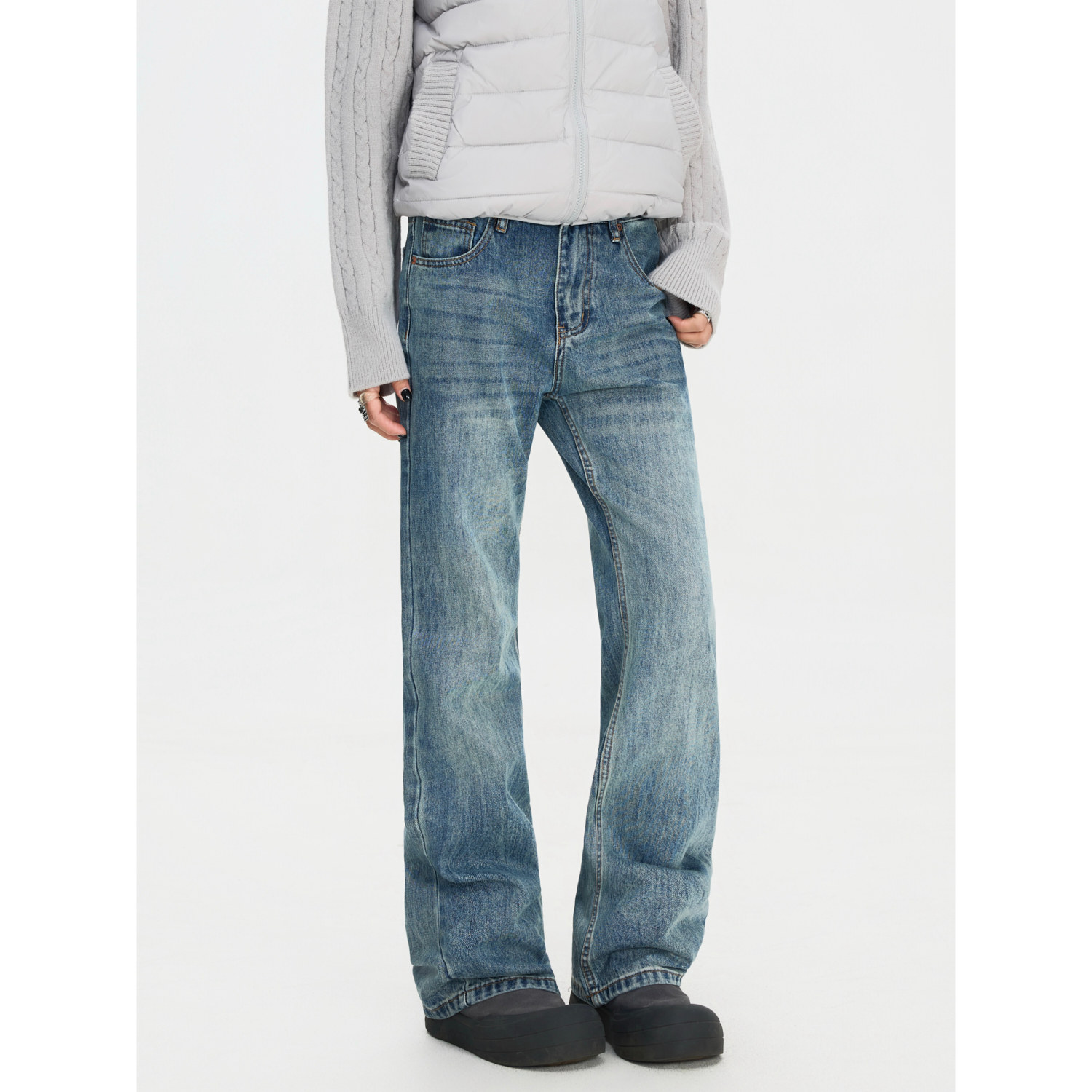 F383 美式复古裂纹磨白窄版宽松直筒牛仔裤男女水洗蓝修身微喇裤