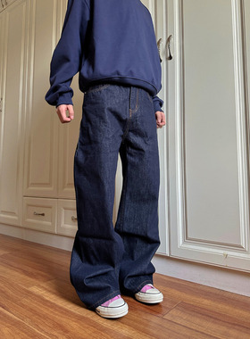 F383 2025美式复古单宁原色阔腿直筒深蓝色牛仔裤cleanfit男女ins