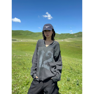 新款 F383 男女秋季 复古数字印花V领针织衫 设计感宽松休闲毛衣 美式