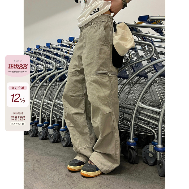 【F383】拉链口袋水洗工装裤