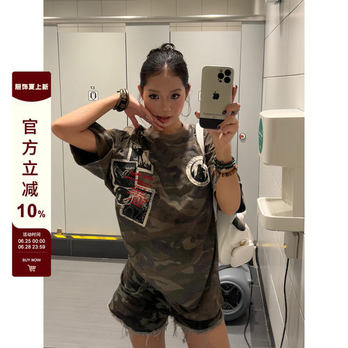 【F383】做旧贴布刺绣迷彩短袖