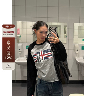 F383 美式复古街头风撞色印花圆领T恤小众宽松休闲百搭打底衫上衣