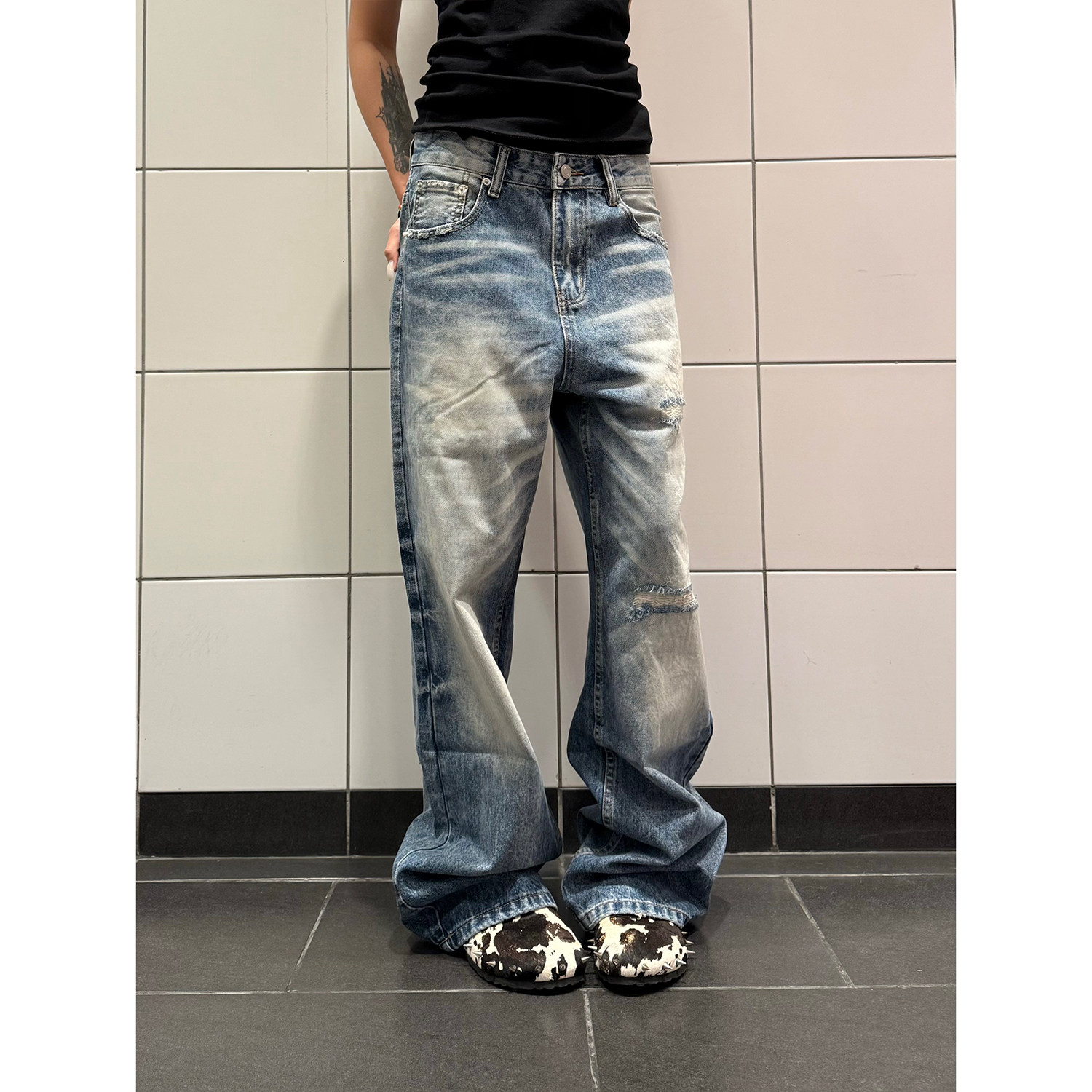 F383 美式复古假破洞水洗做旧猫须直筒牛仔裤男女宽松百搭裤子ins