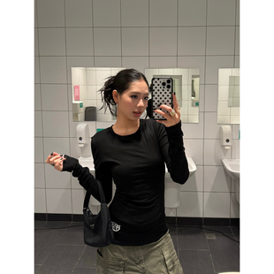 T恤女修身 复古哥特风十字架印花圆领长袖 显瘦百搭上衣 美式 F383