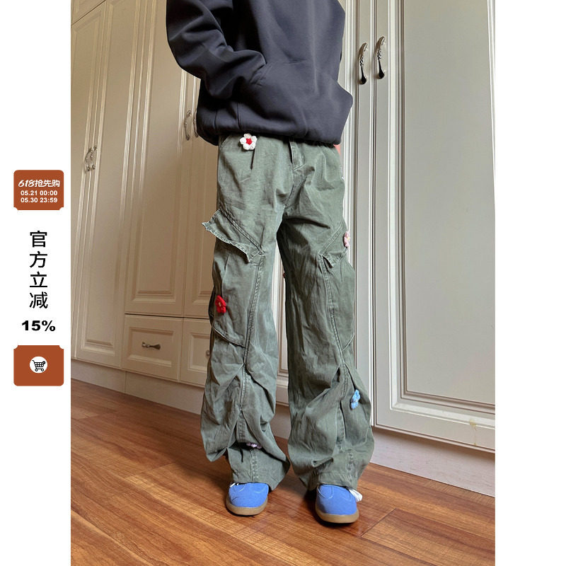 F383 2026美式复古多口袋工装裤直筒宽松垂感花刺绣伞兵裤男女ins