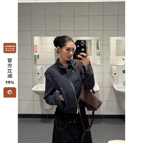 F383 美式复古铆钉短款夹克高级质感翻领外套女辣妹休闲百搭上衣