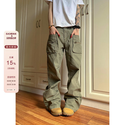 【F383】拉链口袋工装裤