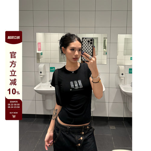 F383烫钻天使翅膀圆领正肩短袖