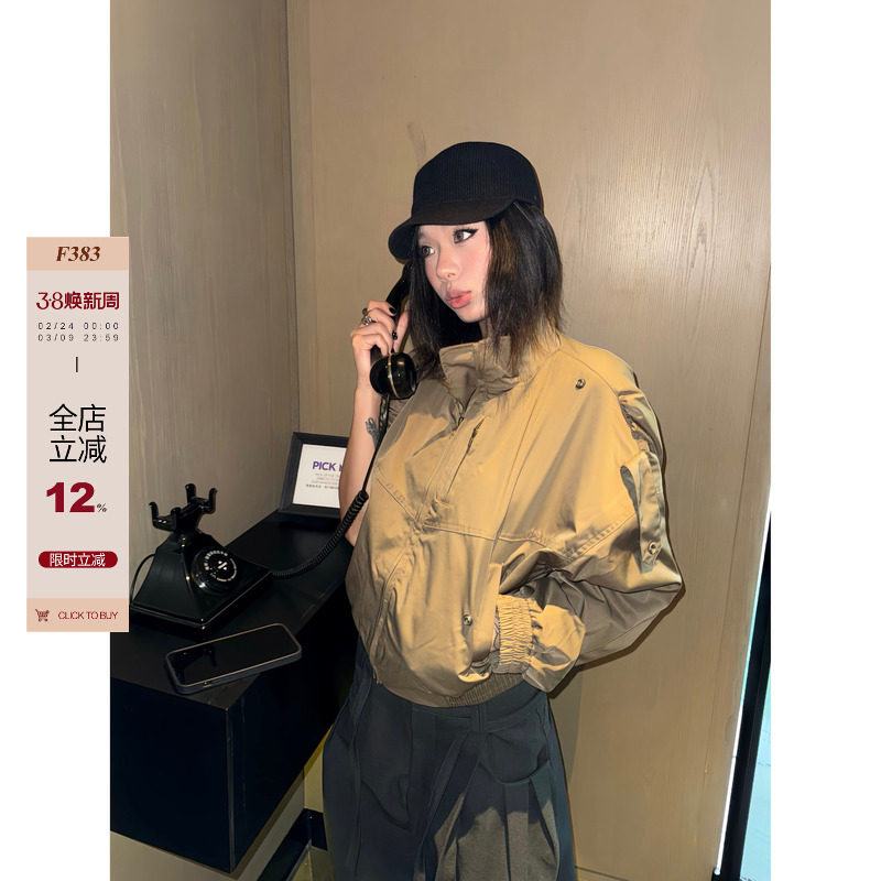 F383 美式复古酷飒风短款立领夹克外套女设计感高级感小众风衣ins