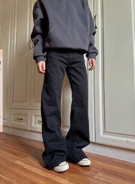 F383 2025美式复古百搭直筒微喇修身显瘦基础黑白色简约长裤男女