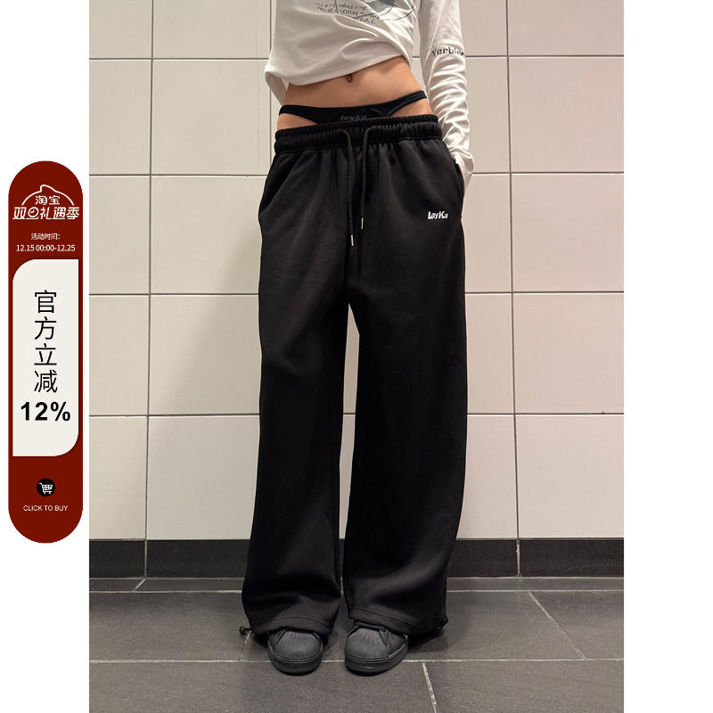 F383双腰头阔腿直筒休闲裤