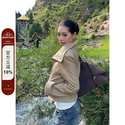 F383翻领斜边拉链夹克外套