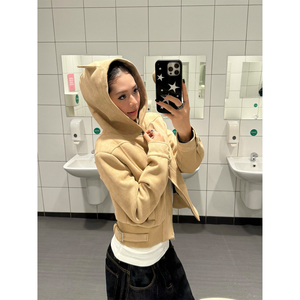 F383 美式复古小恶魔设计短款连帽修身外套女拉链外套夹克上衣ins