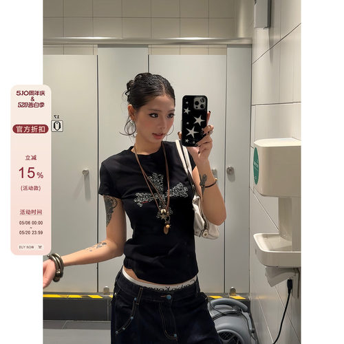【F383】十字印花正肩短袖