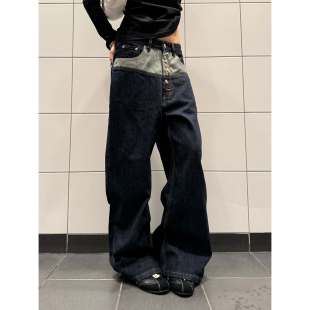 男女cleanfit宽松直筒百搭长裤 复古拼接撞色排扣牛仔裤 美式 F383