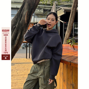 F383 2026美式重磅纯色简约设计连帽卫衣复古cleanfit短款帽衫潮