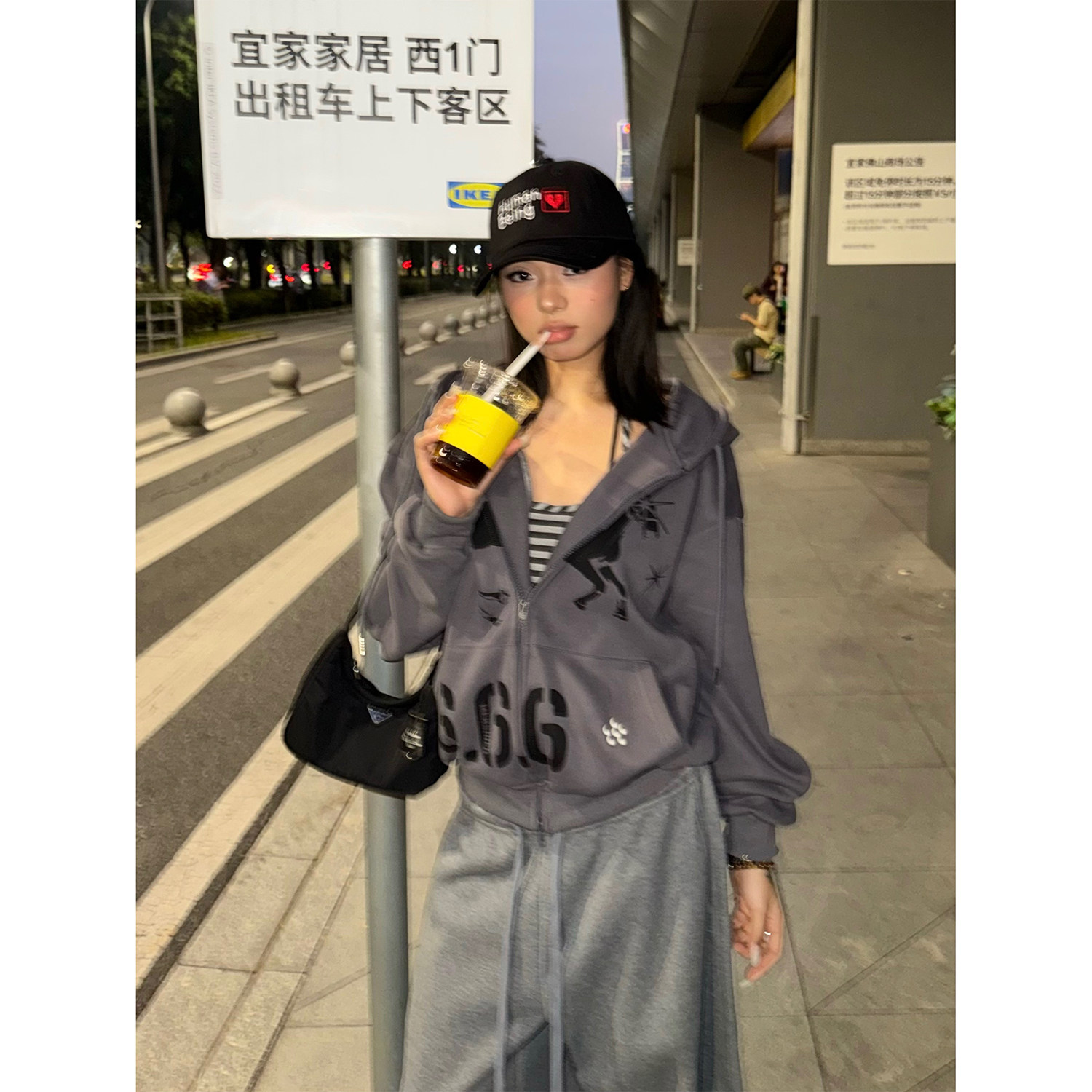 F383 美式复古印花连帽开衫卫衣男女秋冬宽松休闲百搭帽衫外套ins