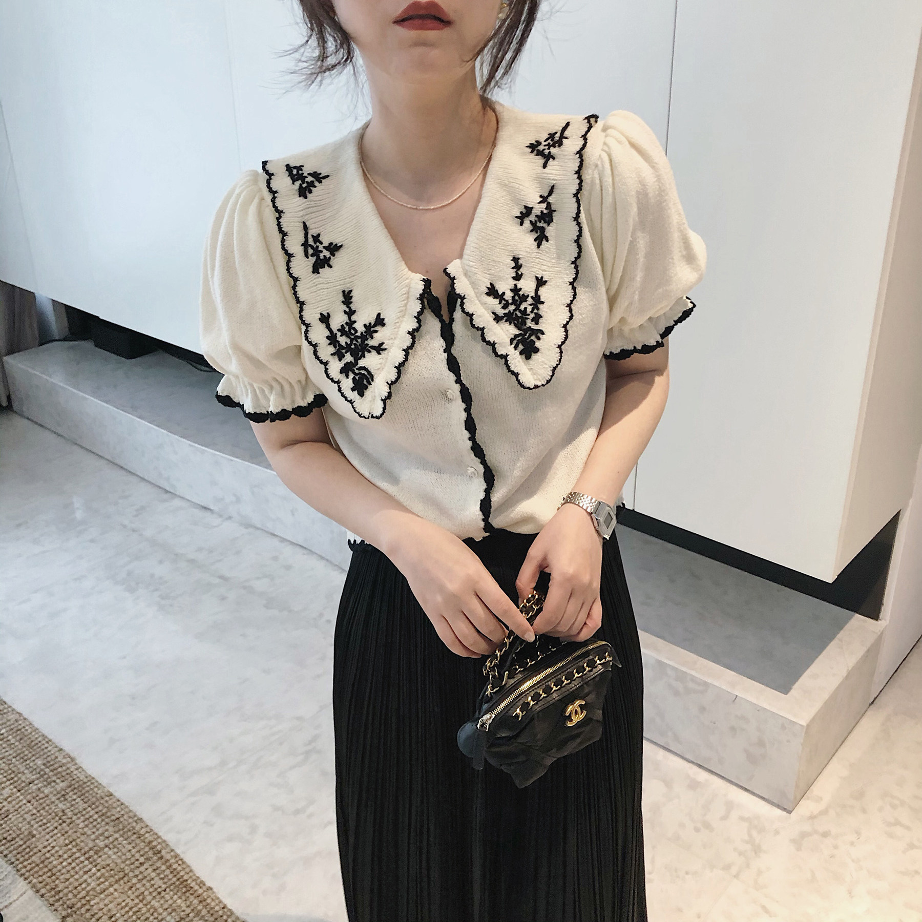 misslady韩国气质单排扣开衫高腰通勤2025年复古娃娃领花朵针织衫