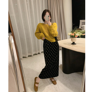 misslady法式 复古丝绒别致波点圆点秋冬半身裙女松紧高腰包臀显瘦