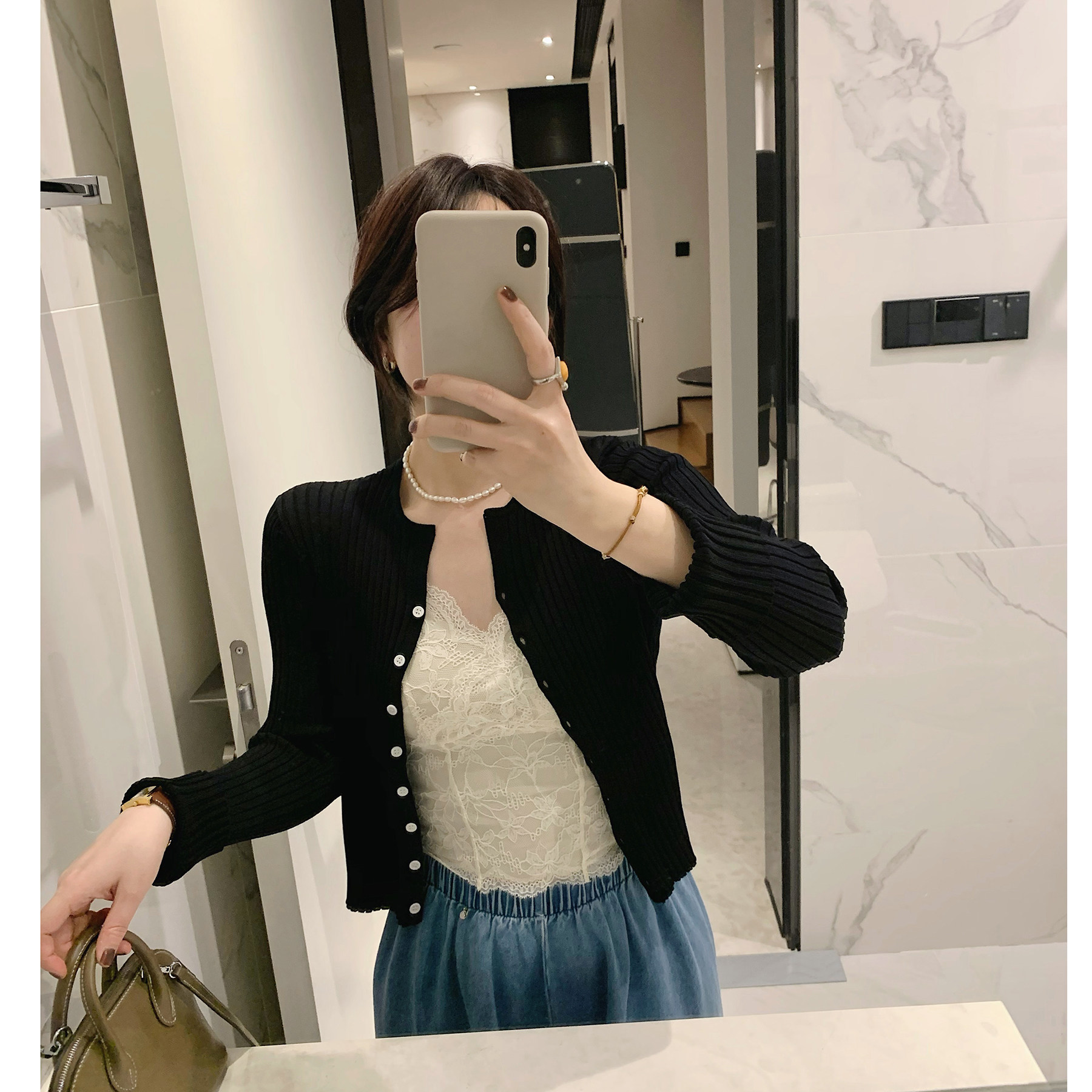 misslady黑色百搭冰丝长袖针织开衫女防晒上衣简约气质显瘦短款潮